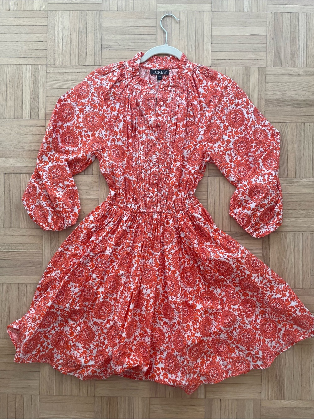 J. Crew Coral and White Printed Dress with long puff sleeves, lined. Size XXS